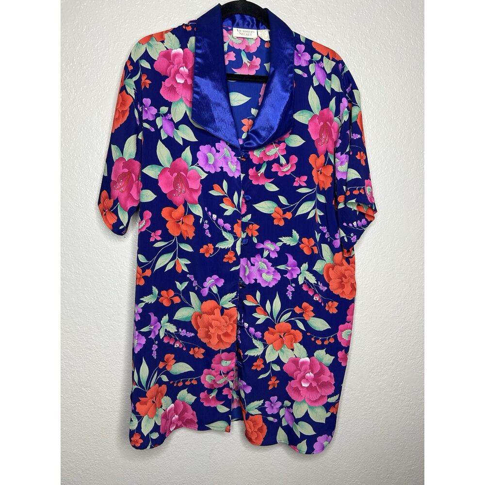 Vintage Victoria Secret Gold Label Flower Kimono Duster Pajama Blue Pink Sz M/L